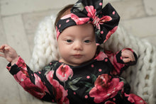 Load image into Gallery viewer, Infant Girls Black Dot Rose Baby Gown and Bow Headband