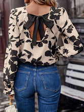 Load image into Gallery viewer, Bow Back Printed Round Neck Flounce Sleeve Blouse