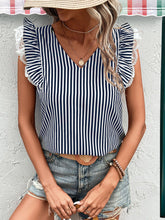 Load image into Gallery viewer, Lace Detail Ruffled Striped V-Neck Cap Sleeve Blouse