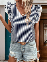 Load image into Gallery viewer, Lace Detail Ruffled Striped V-Neck Cap Sleeve Blouse