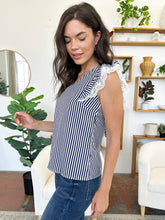Load image into Gallery viewer, Lace Detail Ruffled Striped V-Neck Cap Sleeve Blouse