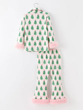 Load image into Gallery viewer, Mommy and Me Christmas Tree Print Pajama Set with Faux Fur Trim - Believe Inspire Beauty