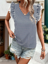 Load image into Gallery viewer, Lace Detail Ruffled Striped V-Neck Cap Sleeve Blouse
