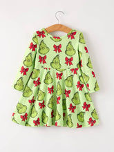 Load image into Gallery viewer, Winter Christmas Tree Bow Character Print Green Girls Dress - Believe Inspire Beauty