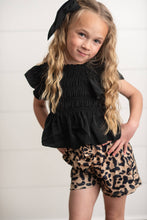 Load image into Gallery viewer, Kids Black Shirred Top & Leopard Print Bow Spring Short Set