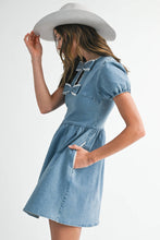 Load image into Gallery viewer, Bow lace puff Mini Denim Dress - Believe Inspire Beauty