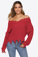 Load image into Gallery viewer, Off-Shoulder Ribbed Long Sleeve Raw Hem Sweater