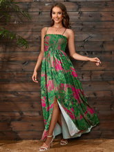Load image into Gallery viewer, Slit Smocked Printed Spaghetti Strap Dress