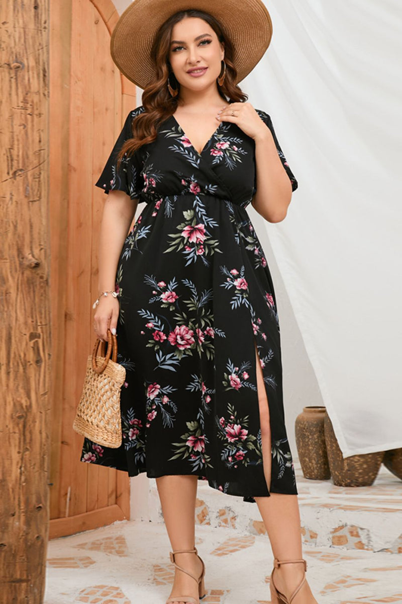 Women's Plus Size Holiday Dress Floral Crew Neck Split Short Sleeve