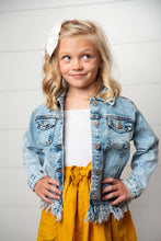 Load image into Gallery viewer, Kids Light Wash Faded Denim Fringe Winter Button Jacket
