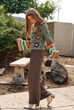 Load image into Gallery viewer, Floral Crochet Striped Sleeve Cropped Knit Sweater
