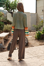 Load image into Gallery viewer, Floral Crochet Striped Sleeve Cropped Knit Sweater
