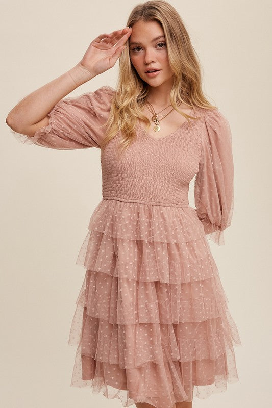 Tiered Ruffle Smocked V-neck Polka Dot Mesh Dress
