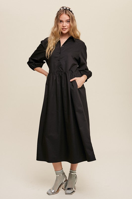 Button Front Puff Sleeve Babydoll Maxi Dress