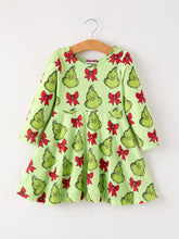 Load image into Gallery viewer, Winter Christmas Tree Bow Character Print  Green Girls Dress - Believe Inspire Beauty 
