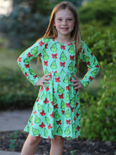 Load image into Gallery viewer, Winter Christmas Tree Bow Character Print  Green Girls Dress - Believe Inspire Beauty 
