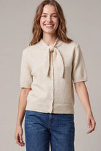 Load image into Gallery viewer, Women's short sleeve tie neck button front knit sweater
