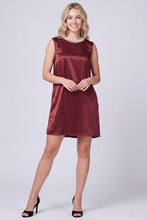 Load image into Gallery viewer, Women's sleeveless satin mini dress with faux pearl embellished neckline
