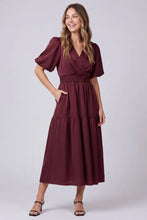 Load image into Gallery viewer, Women's satin tiered midi dress with puff sleeves and smocked waist
