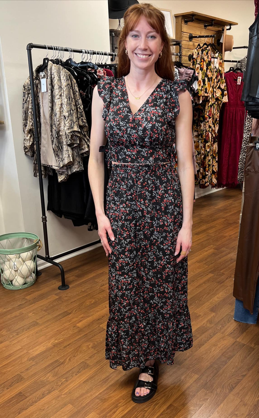 Black  Floral Crop Top and Maxi Skirt Set