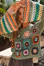 Load image into Gallery viewer, Floral Crochet Striped Sleeve Cropped Knit Sweater
