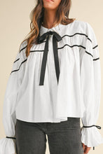Load image into Gallery viewer, Ribbon Bowtie Collared Neck Flounce Sleeve Shirt

