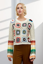 Load image into Gallery viewer, Floral Crochet Striped Sleeve Cropped Knit Sweater
