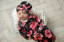 Load image into Gallery viewer, Infant Girls Black Dot Rose Baby Gown and Bow Headband
