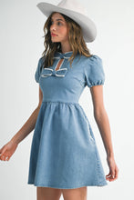 Load image into Gallery viewer, Bow lace puff Mini Denim Dress - Believe Inspire Beauty 
