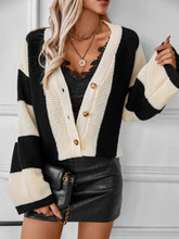 Load image into Gallery viewer, Waffle-Knit V-Neck Striped Long Sleeve Cardigan
