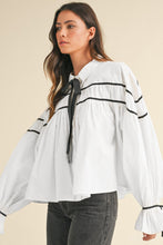 Load image into Gallery viewer, Ribbon Bowtie Collared Neck Flounce Sleeve Shirt
