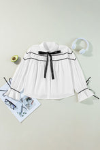 Load image into Gallery viewer, Ribbon Bowtie Collared Neck Flounce Sleeve Shirt
