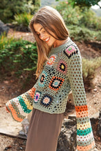 Load image into Gallery viewer, Floral Crochet Striped Sleeve Cropped Knit Sweater
