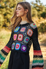 Load image into Gallery viewer, Floral Crochet Striped Sleeve Cropped Knit Sweater
