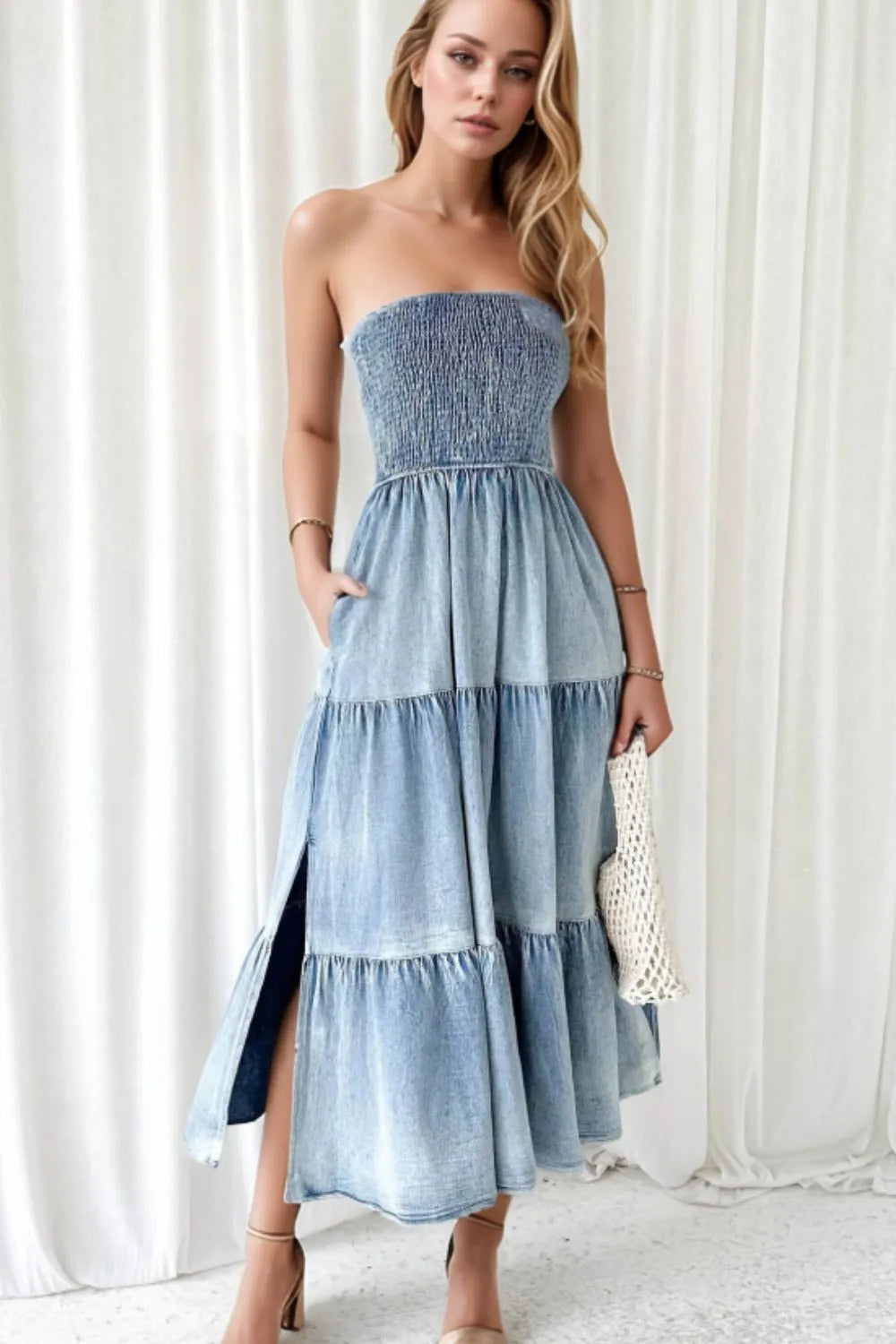 denim dress with slit Tiered – Believe Inspire Beauty perfect for spring/summer outdoor Color:Other Color pearl embellished FARM Rio Women's Marcelle