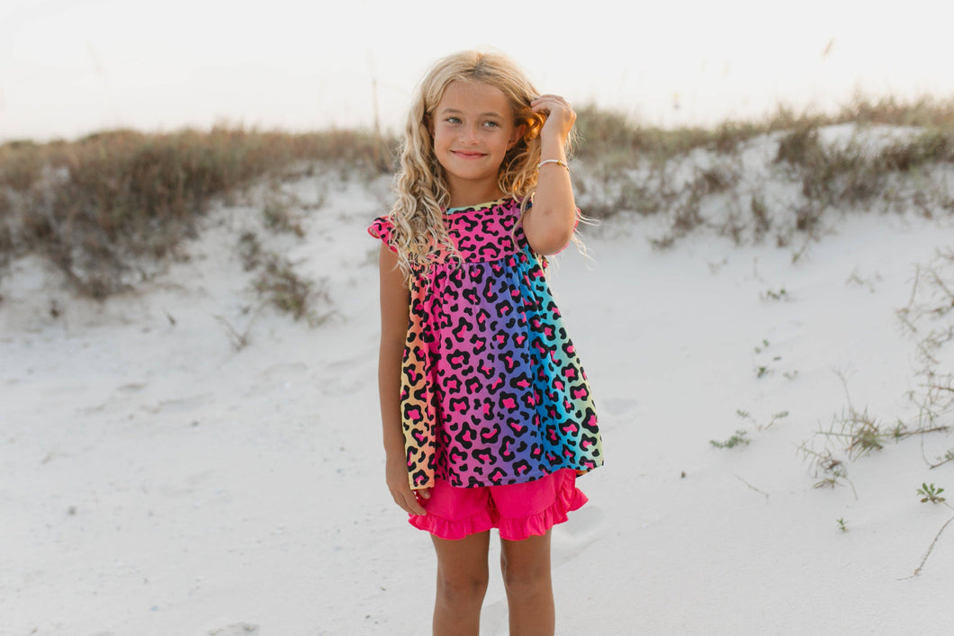 Kids Vibrant Rainbow Leopard Ruffle Short Set
