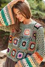 Load image into Gallery viewer, Floral Crochet Striped Sleeve Cropped Knit Sweater
