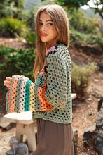 Load image into Gallery viewer, Floral Crochet Striped Sleeve Cropped Knit Sweater
