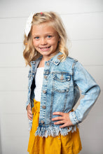 Load image into Gallery viewer, Kids Light Wash Faded Denim Fringe Winter Button Jacket
