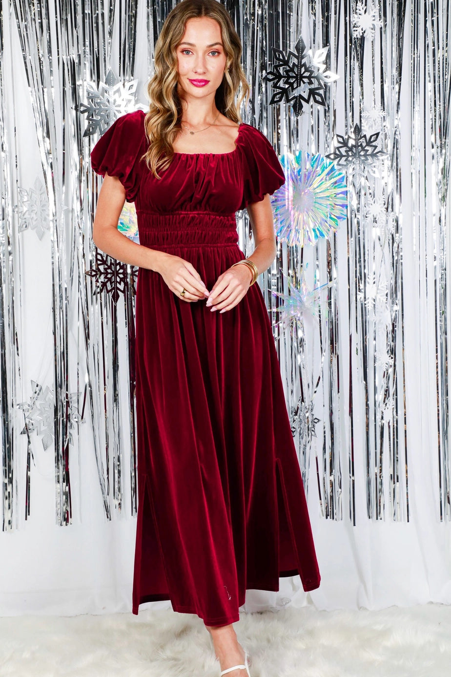 Burgundy Smocked Velvet Maxi Dress