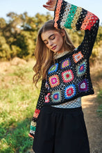 Load image into Gallery viewer, Floral Crochet Striped Sleeve Cropped Knit Sweater

