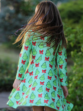Load image into Gallery viewer, Winter Christmas Tree Bow Character Print  Green Girls Dress - Believe Inspire Beauty 
