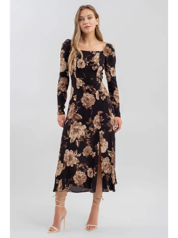 Floral Square Neck Long Sleeve Midi Dress – Believe Inspire Beauty