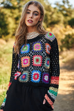 Load image into Gallery viewer, Floral Crochet Striped Sleeve Cropped Knit Sweater

