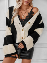 Load image into Gallery viewer, Waffle-Knit V-Neck Striped Long Sleeve Cardigan
