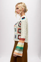 Load image into Gallery viewer, Floral Crochet Striped Sleeve Cropped Knit Sweater
