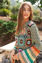 Load image into Gallery viewer, Floral Crochet Striped Sleeve Cropped Knit Sweater

