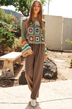 Load image into Gallery viewer, Floral Crochet Striped Sleeve Cropped Knit Sweater
