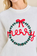 Load image into Gallery viewer, Merry Wreath Knit Sweater with Red Bow – Holiday Pullover
