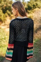Load image into Gallery viewer, Floral Crochet Striped Sleeve Cropped Knit Sweater
